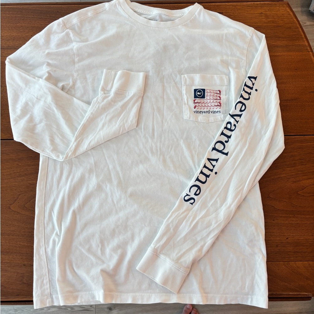 Vineyard Vines White Long Sleeve Tee with Navy Accents